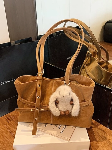Borsa Tote in Pelle PU Retrò per Donna Con Ciondolo a Coniglio Impunture a Contrasto Grande Capacità Borsa a Tracolla