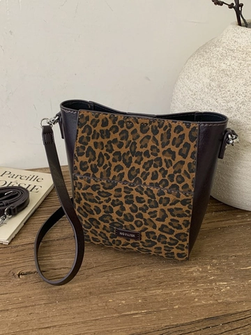 Borsa a Secchiello in PU Scamosciato Patchwork da Donna Retrò con Stampa Leopardata Borsa a Tracolla per il Pendolarismo Quotidiano