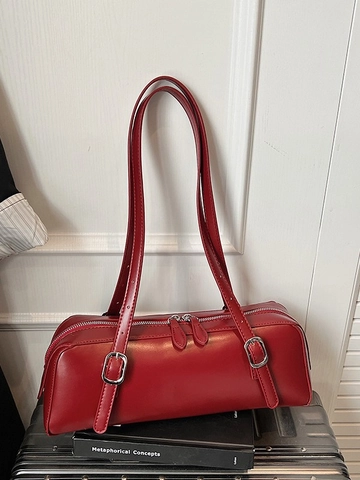 Bolso de Axila Baguette de Cuero PU Retro para Mujer Minimalista Color Sólido Bolso de Hombro Con Correas Dobles Herrajes Plateados