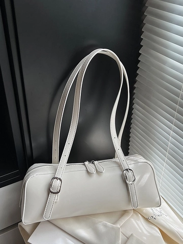 Bolso de Axila Baguette de Cuero PU Retro para Mujer Minimalista Color Sólido Bolso de Hombro Con Correas Dobles Herrajes Plateados