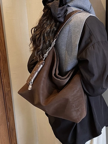 Women Large Capacity PU Leather Tote Bag Retro Hobo Shoulder Bag With Rivet Strap And Detachable Small Sub Pouch Casual Bag
