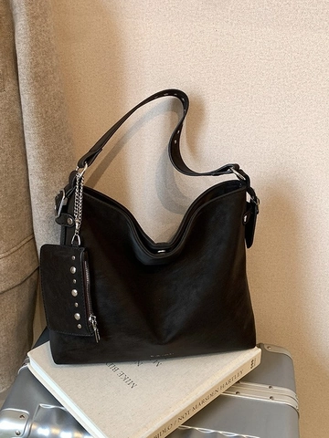 Women Large Capacity PU Leather Tote Bag Retro Hobo Shoulder Bag With Rivet Strap And Detachable Small Sub Pouch Casual Bag