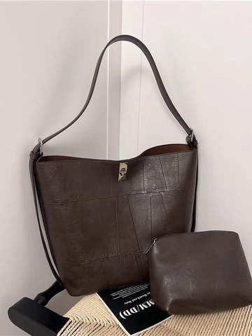 Ensemble de Sacs Tote Bucket en Cuir PU Vintage Grande Capacité Femmes Sac à Bandoulière Couleur Unie Design de Couture