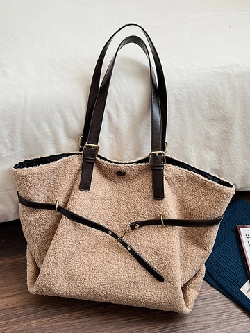 Grote Capaciteit Lamswol Tote Bag Vrouwen Retro Pluche Schoudertas Met Verstelbare Leren Riemen Casual Winter Handtas