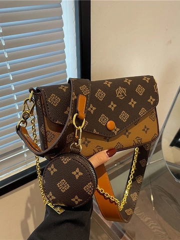 Vintage Monogramm Blume Druck PU Leder Schultertasche Für Damen Mit Kleiner Runder Tasche Breitem Gurt Kette Crossbody Baguette Bag