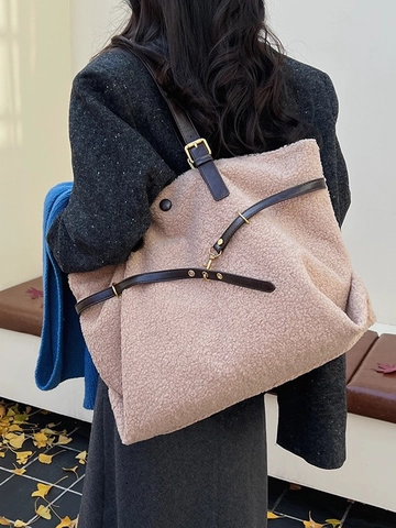 Grote Capaciteit Lamswol Tote Bag Vrouwen Retro Pluche Schoudertas Met Verstelbare Leren Riemen Casual Winter Handtas