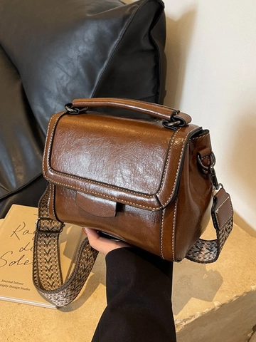 Borsa Quadrata Piccola in Pelle PU Vintage da Donna Moda Cuciture a Contrasto Borsa a Mano e Tracolla con Cinghia Larga