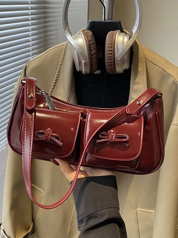 Bolso de Axila de Cuero PU con Lazo Retro y Múltiples Bolsillos para Mujer Bolso de Hombro Brillante Color Sólido Moda Y2K