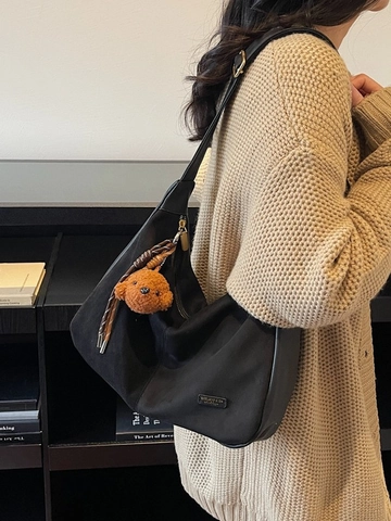 Retro PU Leather Hobo Underarm Bag For Women Large Capacity Splicing Shoulder Bag Minimalist Solid Color Crossbody Bag