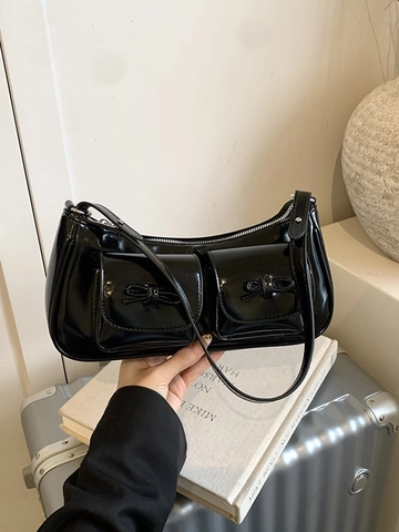 Bolso de Axila de Cuero PU con Lazo Retro y Múltiples Bolsillos para Mujer Bolso de Hombro Brillante Color Sólido Moda Y2K