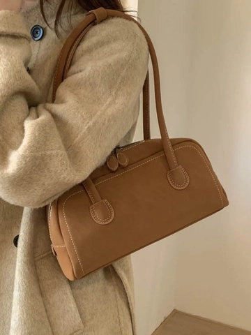 Borsa Sottobraccio in Pelle PU Rétro per Donna Texture Scamosciata Cuciture a Contrasto Doppia Cerniera Borsa a Spalla Baguette