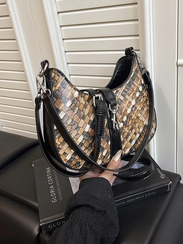 Sac à Épaule Vintage En Cuir PU Tissé Coloré Pour Femmes Mode Hobo Demi-Lune Avec Bandoulière Réglable Sacoche Décontractée