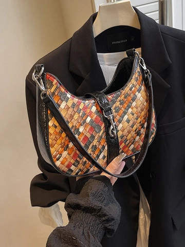 Sac à Épaule Vintage En Cuir PU Tissé Coloré Pour Femmes Mode Hobo Demi-Lune Avec Bandoulière Réglable Sacoche Décontractée