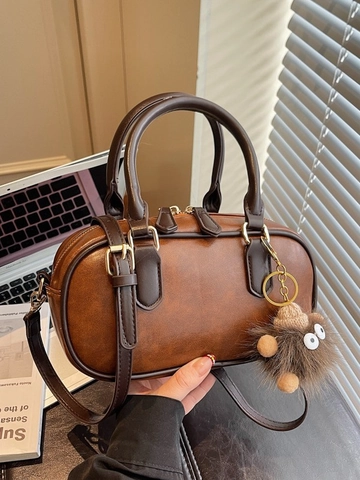 Damen Retro PU Leder Boston Tasche Mode Bowling Handtasche Mit Plüsch Monster Anhänger Verstellbarem Riemen Casual Schultertasche