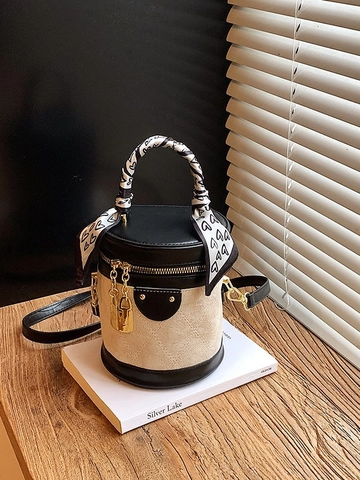 Bolso Cubo Cilíndrico de Moda Patchwork Gamuza Bolso de Hombro Asa Pañuelo Seda Candado Oro Correa Ajustable Bandolera
