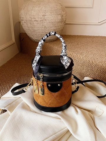 Bolso Cubo Cilíndrico de Moda Patchwork Gamuza Bolso de Hombro Asa Pañuelo Seda Candado Oro Correa Ajustable Bandolera