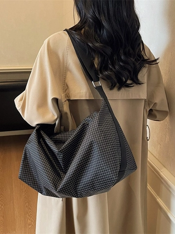 Borsa a Tracolla in Nylon a Griglia Stile Giapponese per Donna Grande Capacità Borsa Tote Leggera Urban Casual Hobo Bag Pendolare Quotidiano