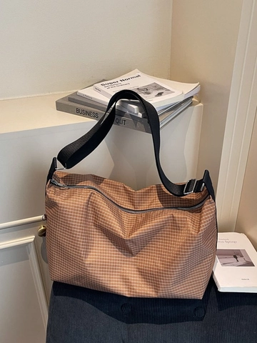 Borsa a Tracolla in Nylon a Griglia Stile Giapponese per Donna Grande Capacità Borsa Tote Leggera Urban Casual Hobo Bag Pendolare Quotidiano
