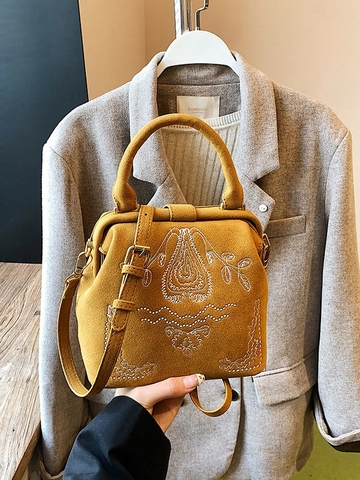 Damen Vintage Bestickt Nubuk Umhängetasche Große Kapazität Chinesischen Stil Arzttasche Casual Pendeln Handtasche Mit Riemen