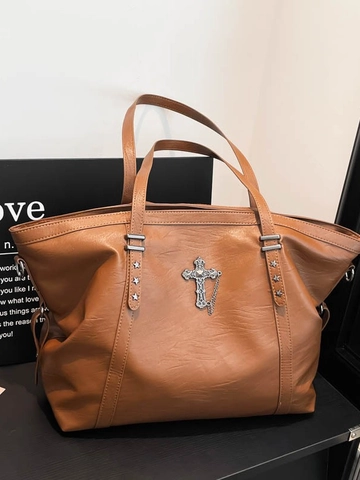 Borsa Tote in Pelle PU Vintage di Grande Capacità per Donna Con Ciondolo a Croce E Borchie a Stella Borsa a Tracolla Gothic Punk