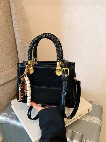 Women Leopard Print Patchwork Small Square Bag Woven Handle Shoulder Crossbody Bag Retro PU Leather Handbag With Beaded Charm