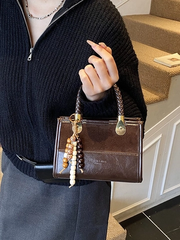 Women Leopard Print Patchwork Small Square Bag Woven Handle Shoulder Crossbody Bag Retro PU Leather Handbag With Beaded Charm