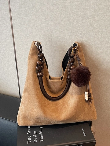 Women Retro Faux Suede Tote Bag Large Capacity Hobo Shoulder Bag With Wooden Beads Handle And Plush Ball Charm Daily Commuting Bag