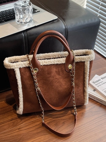 Vintage Kunstwildleder Tote Tasche Für Damen Große Kapazität Schultertasche Mit Lammwollverzierung Metallkette Winter Handtasche