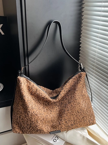 Borsa Tote Leopardata Donna Moda Casual Borsa a Spalla Grande Capacità Stampata Borsa Hobo Decorata con Strass per Studenti