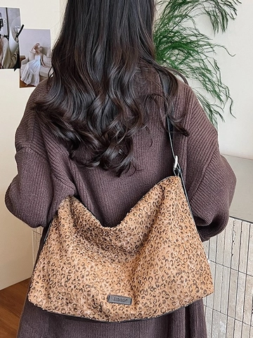 Borsa Tote Leopardata Donna Moda Casual Borsa a Spalla Grande Capacità Stampata Borsa Hobo Decorata con Strass per Studenti