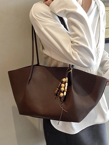 Vintage Large Capacity Women PU Leather Tote Bag Solid Color Shoulder Bag With Bead Pendant Daily Commute Handbag