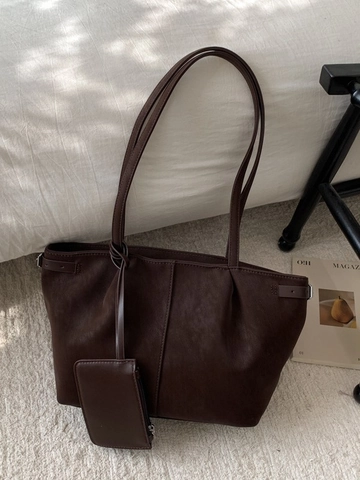 Minimalist Large Capacity Women's PU Leather Tote Bag With Small Pouch Solid Color Casual Commuter Shoulder Handbag Bag