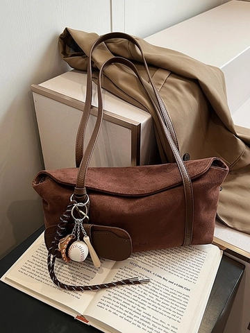 Vintage Frosted PU Leather Shoulder Bag For Women New Fashion Commute Underarm Tote Bag With Baseball Charm Large Handbag