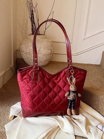 Bolso Tote Acolchado Estilo Coreano Mujer Tela Oxford Gran Capacidad Bolso de Hombro Moda Hobo Con Colgante de Conejo