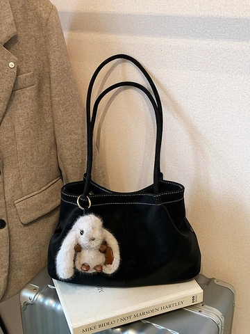 Borsa Tote in Pelle PU di Grande Capacità Donna Borsa a Tracolla con Cuciture a Contrasto Borsa Casual Minimalista con Ciondolo