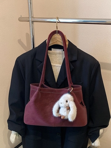 Borsa Tote in Pelle PU di Grande Capacità Donna Borsa a Tracolla con Cuciture a Contrasto Borsa Casual Minimalista con Ciondolo