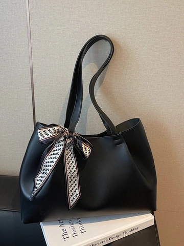 Women Large Capacity PU Leather Tote Bag Fashion Commuter Shoulder Bag With Decorative Scarf Solid Color Handbag For Work Daily