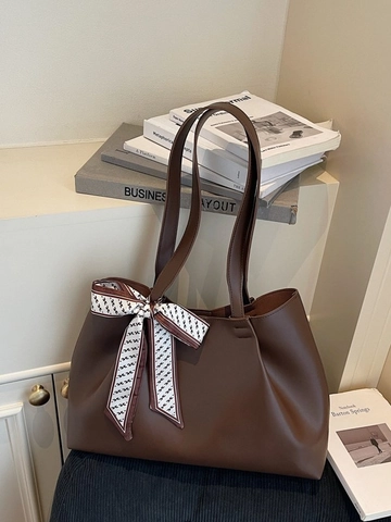 Women Large Capacity PU Leather Tote Bag Fashion Commuter Shoulder Bag With Decorative Scarf Solid Color Handbag For Work Daily