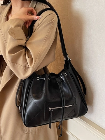 Gesteppte Damen PU-Leder Beuteltasche mit Kordelzug und Reißverschlussfach Vielseitige Umhängetasche für Alltag oder Büro