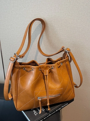 Gesteppte Damen PU-Leder Beuteltasche mit Kordelzug und Reißverschlussfach Vielseitige Umhängetasche für Alltag oder Büro