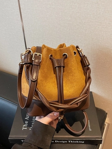 Borsa a Secchiello Patchwork in Scamosciato Vintage da Donna Borsa a Mano con Stampa Leopardata e Tracolla Regolabile