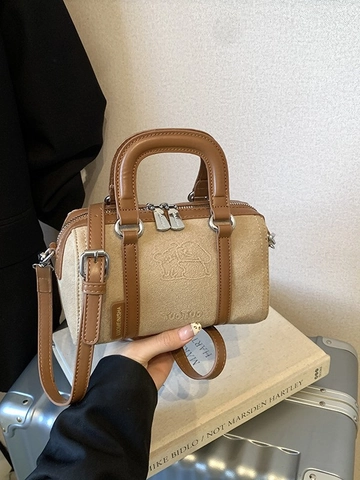 Bolso de Hombro de Gamuza Vintage para Mujer Patchwork Boston con Relieve de Dibujos Animados Bolso de Mano Casual Pequeño Cuadrado
