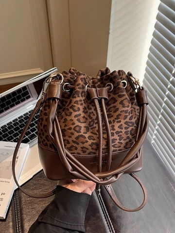 Borsa a Secchiello Patchwork in Scamosciato Vintage da Donna Borsa a Mano con Stampa Leopardata e Tracolla Regolabile