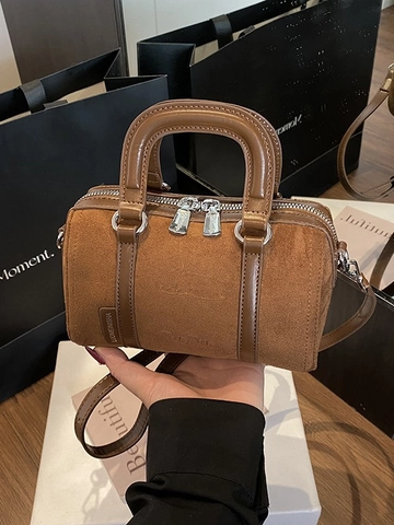 Bolso de Hombro de Gamuza Vintage para Mujer Patchwork Boston con Relieve de Dibujos Animados Bolso de Mano Casual Pequeño Cuadrado