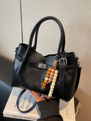 Borsa a Tracolla Quadrata da Donna in Pelle PU con Motivo Litchi e Ciondolo in Perline di Legno Borsa Retro per Pendolarismo