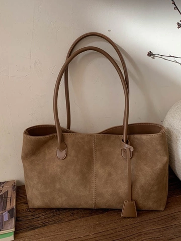 Bolso Tote de Cuero PU Retro Gran Capacidad Bolso de Hombro Minimalista Color Sólido Bolso Axilar Para Mujer Moda Trabajo Viaje