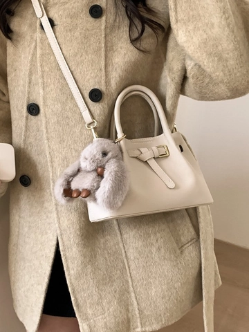 Vintage Women's PU Leather Bucket Bag With Contrast Stitching And Plush Rabbit Pendant Korean Style Shoulder Crossbody Handbag