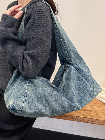 Sac à Épaule en Denim Lavé Vintage pour Femmes Grande Capacité Sac Fourre-tout Léger Sac à Bandoulière Hobo Avec Bandoulière Réglable