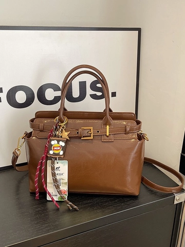 Borsa a Tracolla in Pelle PU Retro da Donna Borsa a Mano per Pendolari Vintage Con Dettagli a Cintura Tinta Unita Quadrata