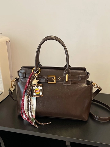 Borsa a Tracolla in Pelle PU Retro da Donna Borsa a Mano per Pendolari Vintage Con Dettagli a Cintura Tinta Unita Quadrata